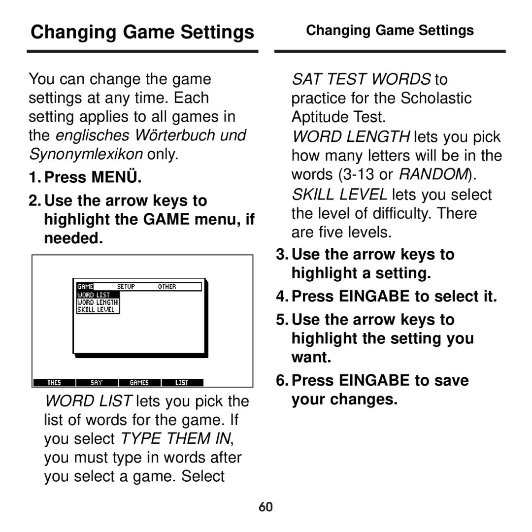 Franklin BDS-1860 manual Changing Game Settings, SAT Test Words to practice for the Scholastic Aptitude Test 