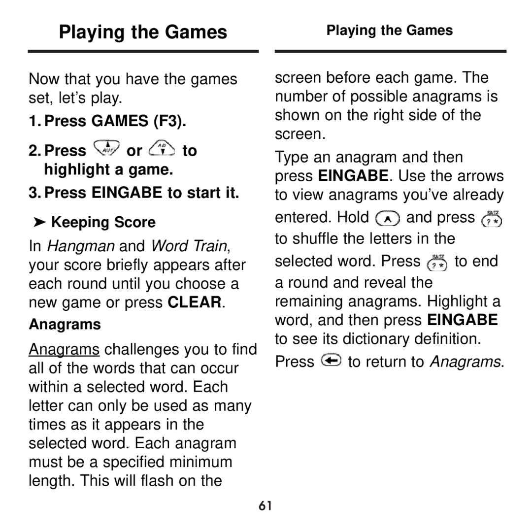 Franklin BDS-1860 manual Playing the Games, Anagrams 