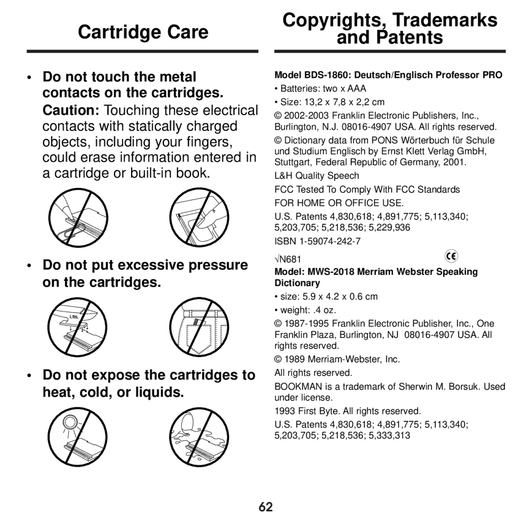 Franklin BDS-1860 manual Cartridge Care, Patents 