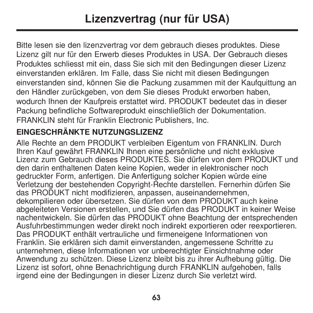 Franklin BDS-1860 manual Lizenzvertrag nur fü r USA, Eingeschrä Nkte Nutzungslizenz 