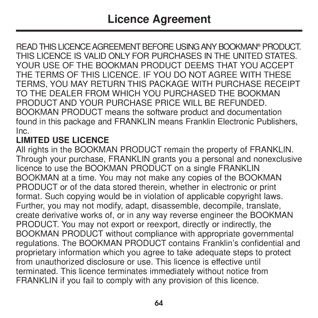 Franklin BDS-1860 manual Licence Agreement, Limited USE Licence 