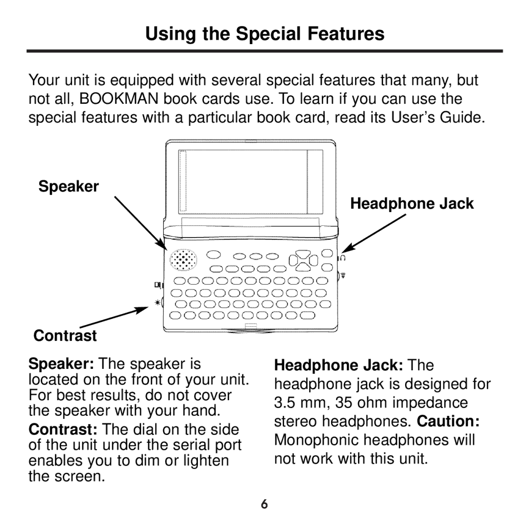 Franklin BDS-1860 manual Using the Special Features, Speaker Headphone Jack Contrast 