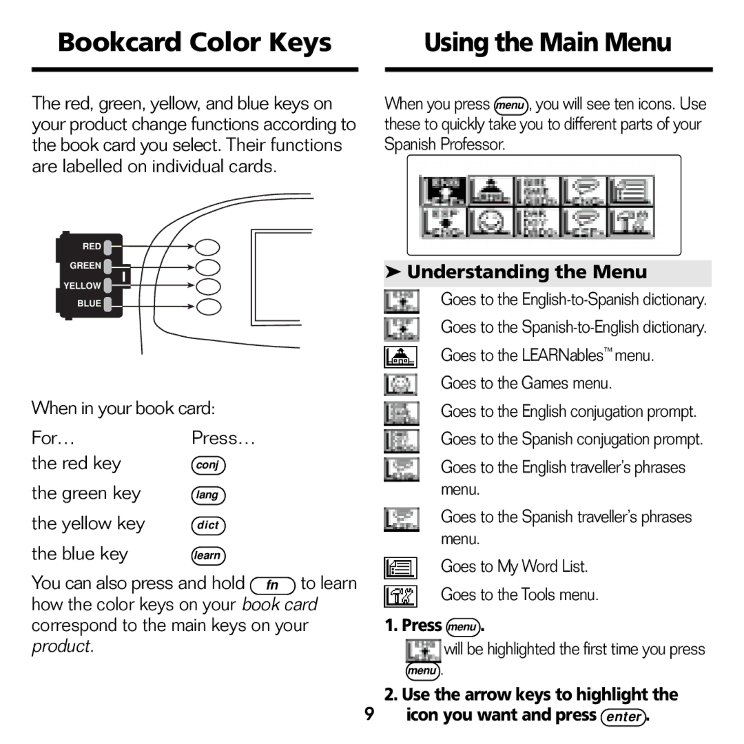 Franklin BES-1840 manual Bookcard Color Keys Using the Main Menu, Understanding the Menu, Press menu 