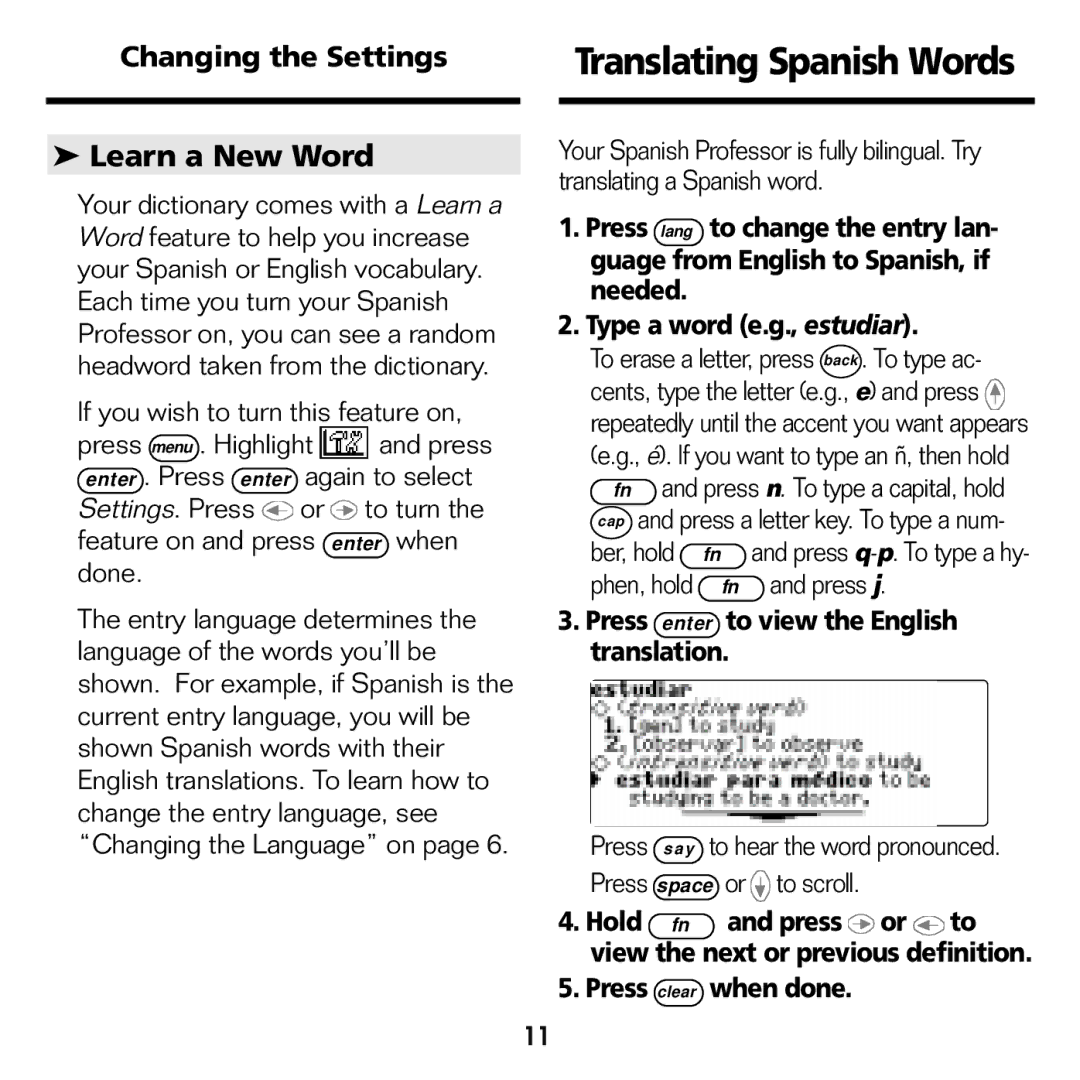 Franklin BES-1840 Learn a New Word, Changing the Settings, Press enter to view the English translation, Hold, When done 