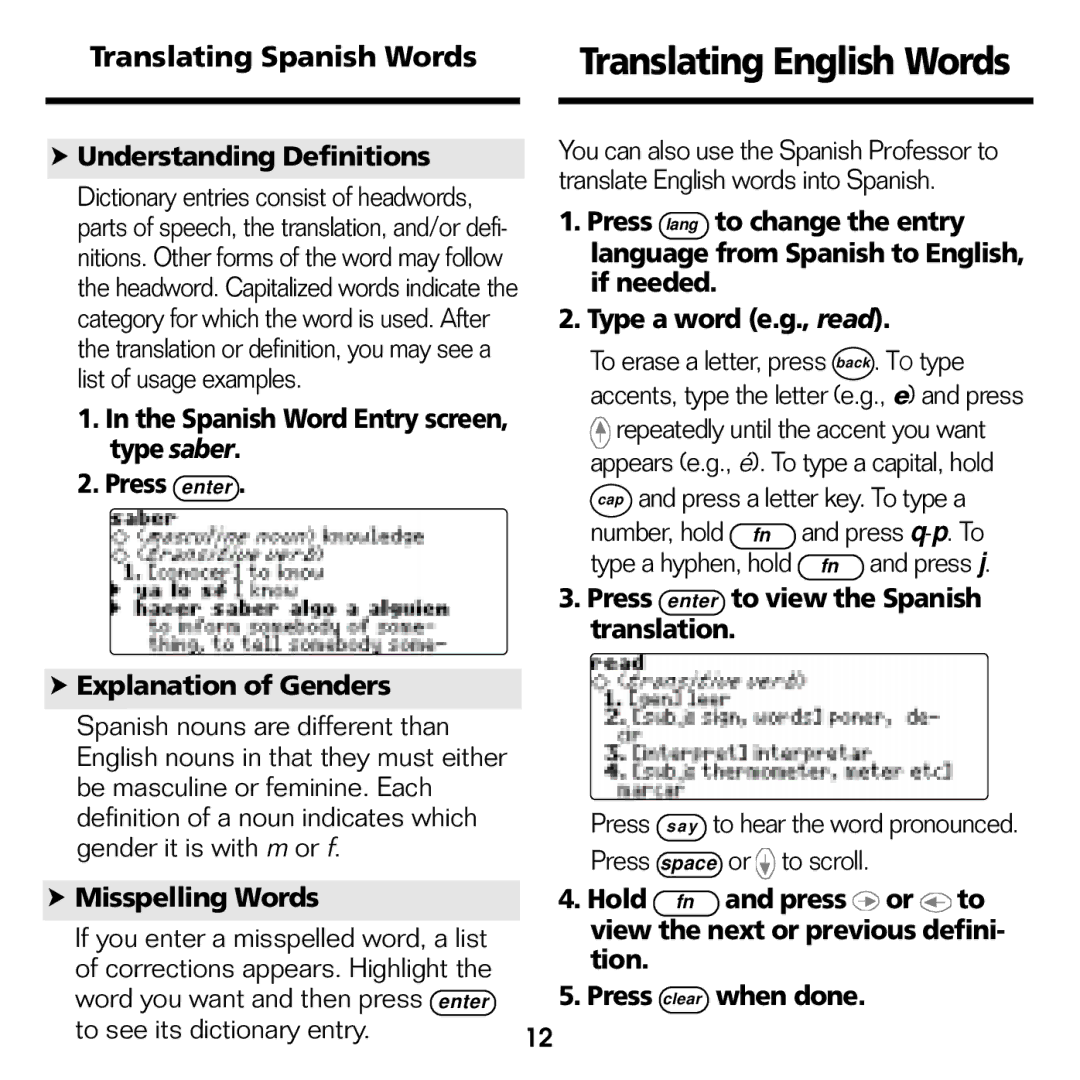 Franklin BES-1840 manual Translating English Words, Translating Spanish Words 