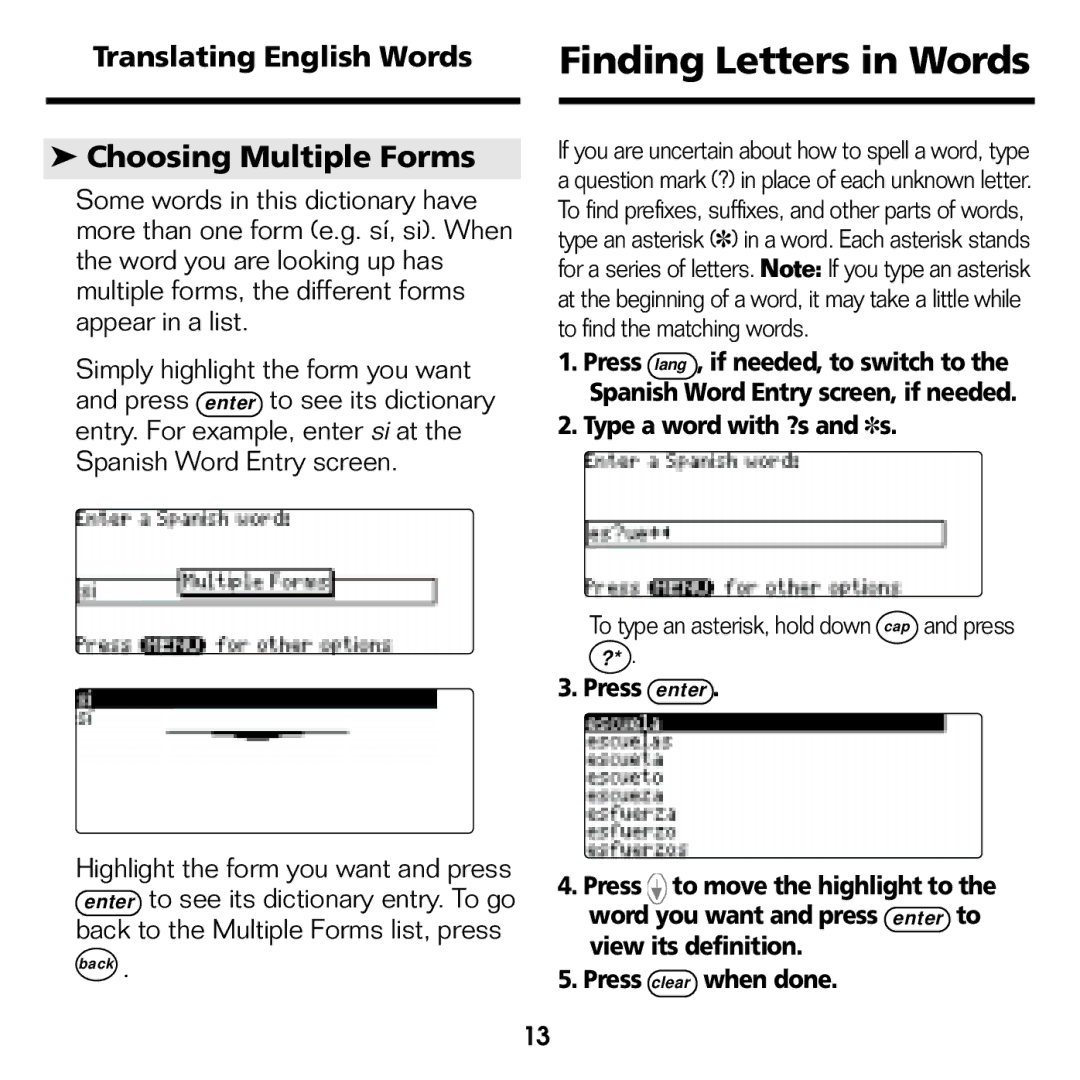 Franklin BES-1840 Finding Letters in Words, Choosing Multiple Forms, Translating English Words, Type a word with ?s and s 