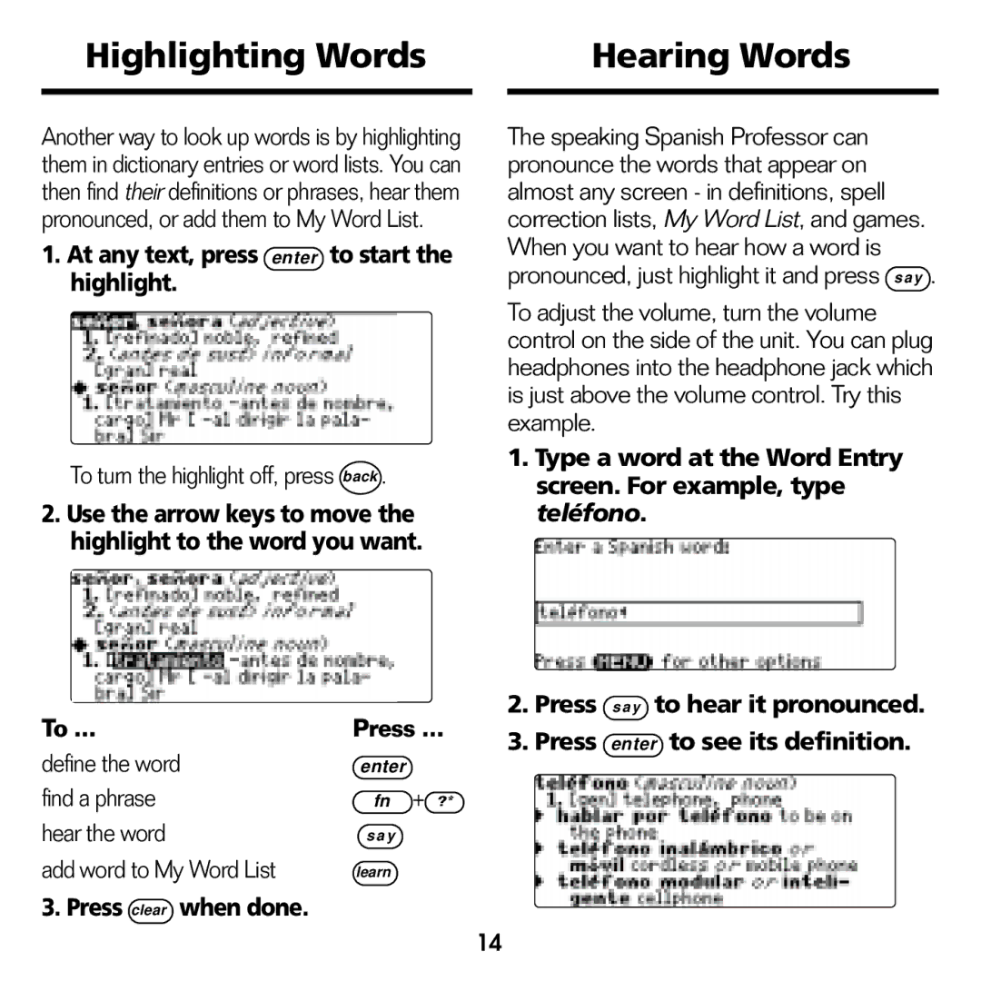 Franklin BES-1840 manual Highlighting Words Hearing Words, At any text, press enter to start the highlight, To … 