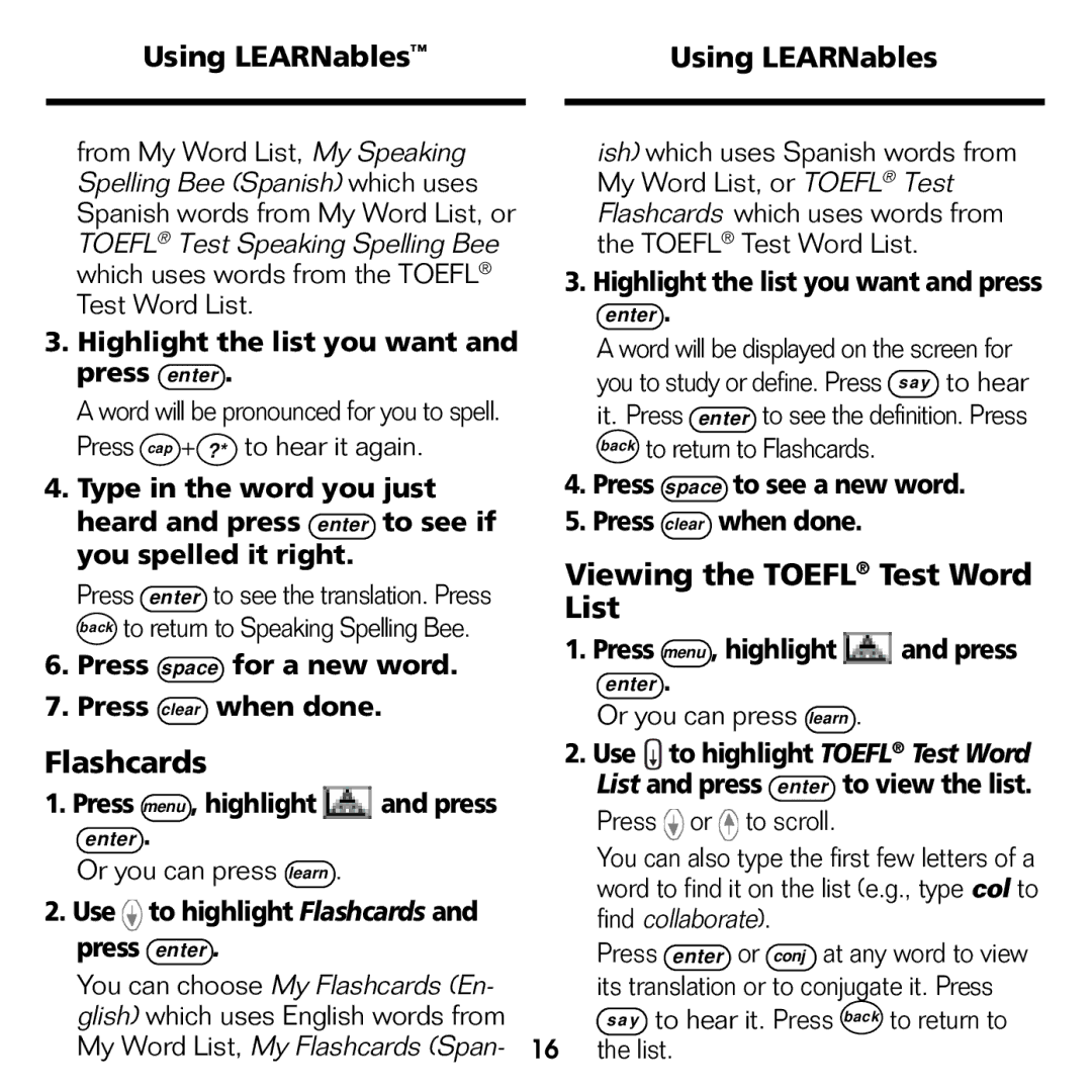 Franklin BES-1840 manual Flashcards, Viewing the Toefl Test Word List, Using LEARNables 