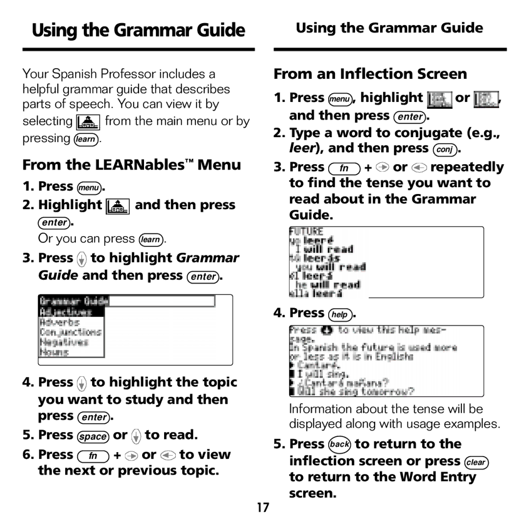 Franklin BES-1840 manual Using the Grammar Guide, From the LEARNables Menu, From an Inflection Screen 