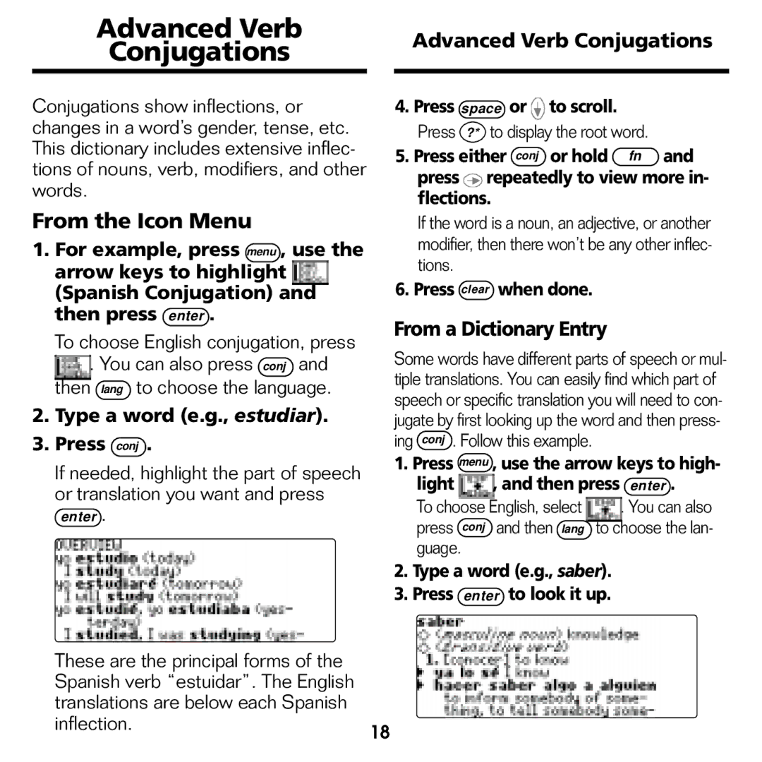 Franklin BES-1840 manual Advanced Verb Conjugations, From the Icon Menu, From a Dictionary Entry 