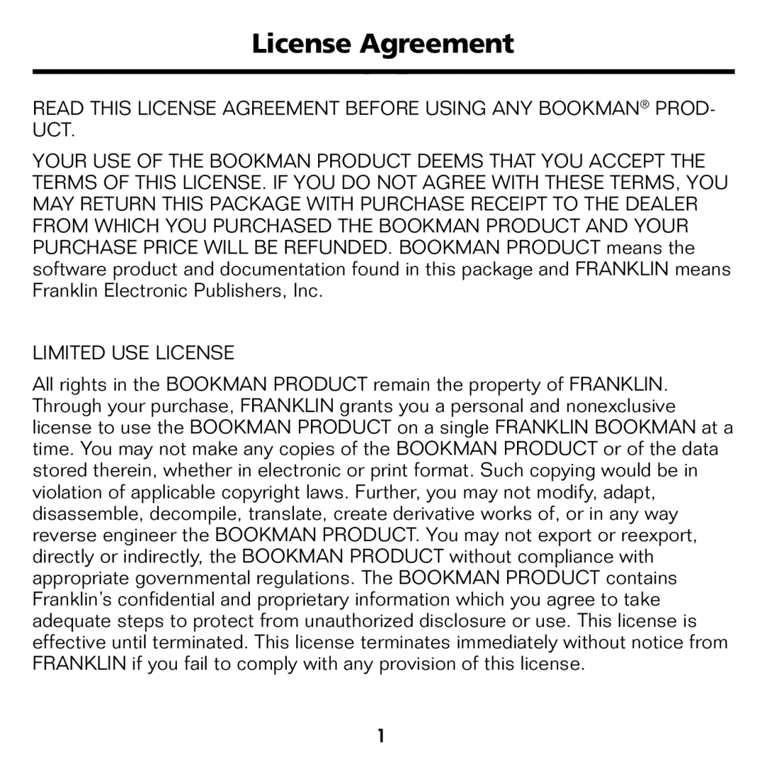 Franklin BES-1840 manual License Agreement, Limited USE License 