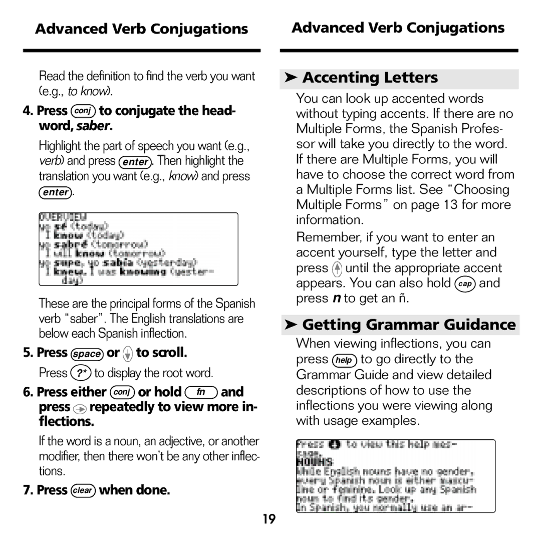Franklin BES-1840 Accenting Letters, Getting Grammar Guidance, Press conj to conjugate the head- word, saber, Flections 