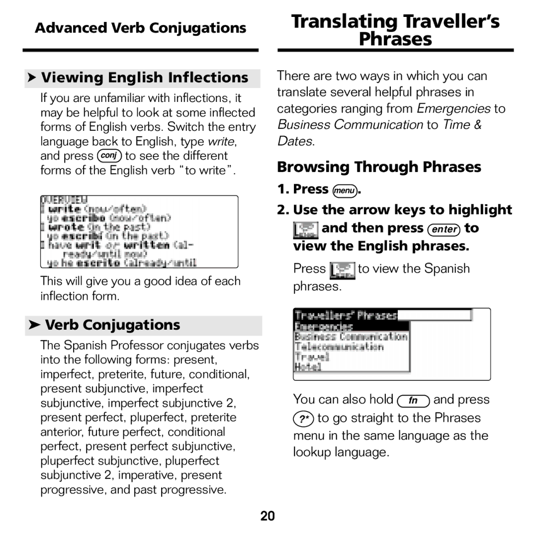 Franklin BES-1840 manual Translating Traveller’s Phrases, Browsing Through Phrases, Verb Conjugations 