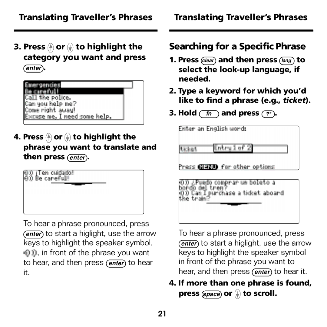 Franklin BES-1840 manual Searching for a Specific Phrase, Translating Traveller’s Phrases 