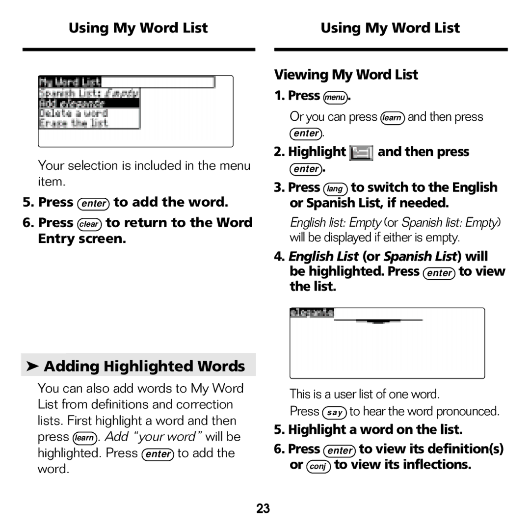 Franklin BES-1840 manual Adding Highlighted Words, Using My Word List Viewing My Word List, Highlight a word on the list 