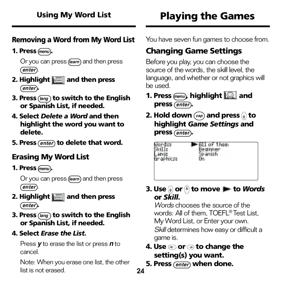 Franklin BES-1840 manual Playing the Games, Changing Game Settings, Using My Word List Removing a Word from My Word List 