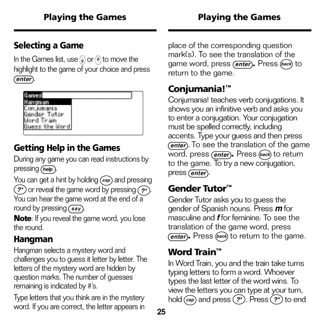 Franklin BES-1840 manual Selecting a Game, Getting Help in the Games, Hangman, Conjumania, Gender Tutor, Word Train 