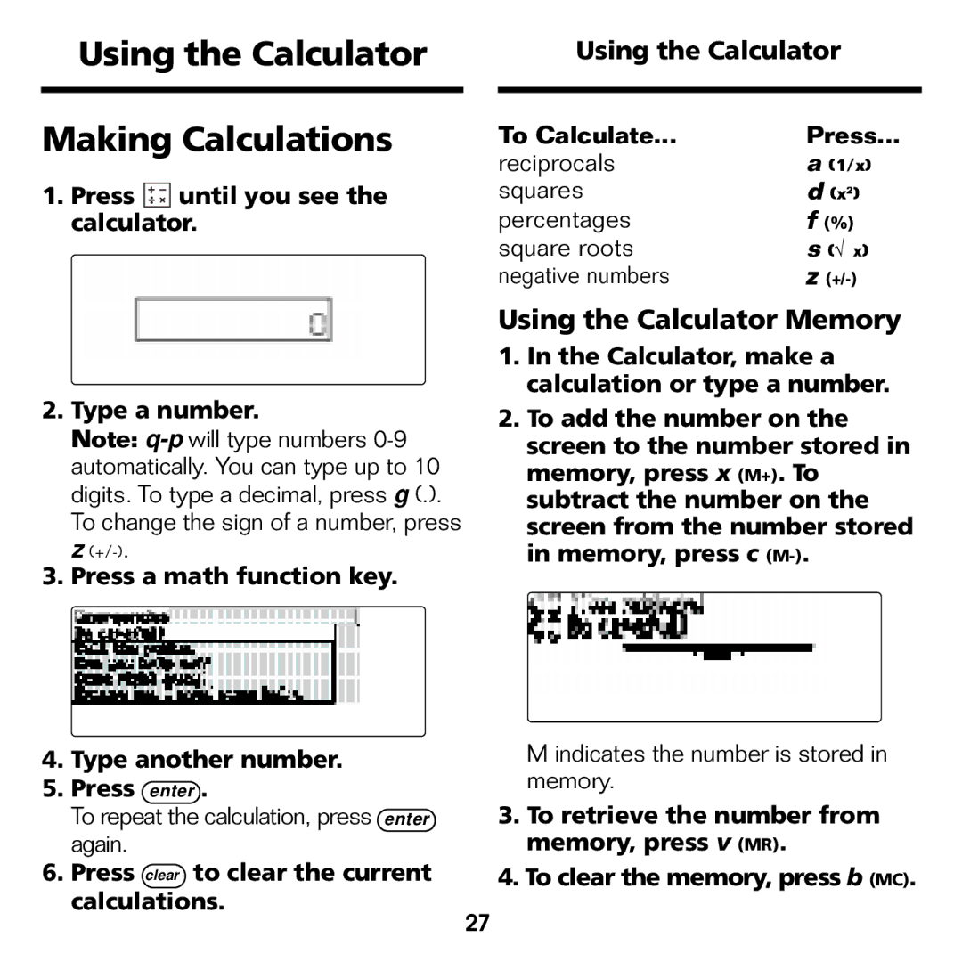 Franklin BES-1840 Making Calculations, Using the Calculator Memory, Press clear to clear the current calculations 