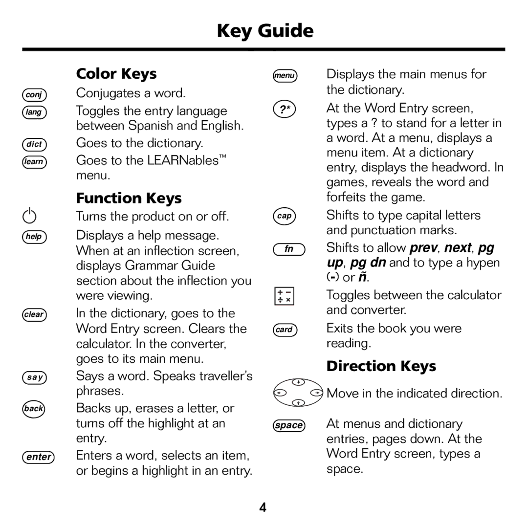 Franklin BES-1840 manual Key Guide, Color Keys, Function Keys, Direction Keys 