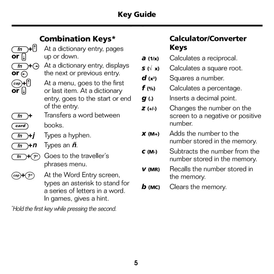 Franklin BES-1840 manual Combination Keys, Key Guide, Calculator/Converter Keys 