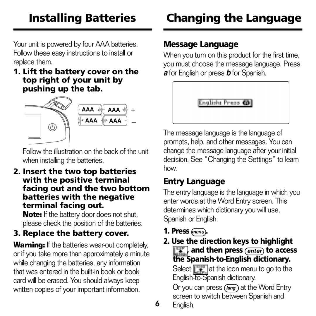 Franklin BES-1840 manual Installing Batteries Changing the Language, Message Language, Entry Language 