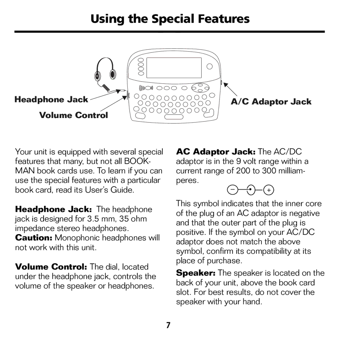 Franklin BES-1840 manual Using the Special Features, Headphone Jack Volume Control Adaptor Jack 