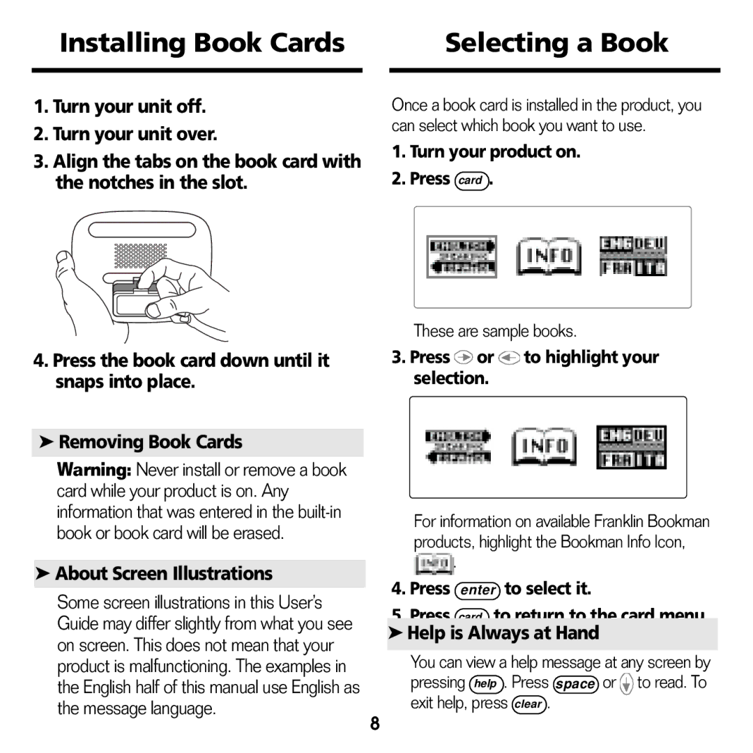 Franklin BES-1840 manual Installing Book Cards Selecting a Book, Turn your product on Press card 