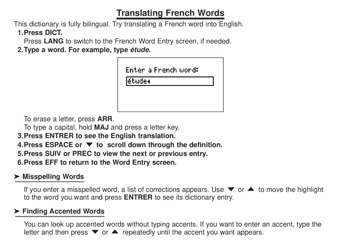 Franklin BFQ-470 manual Translating French Words 