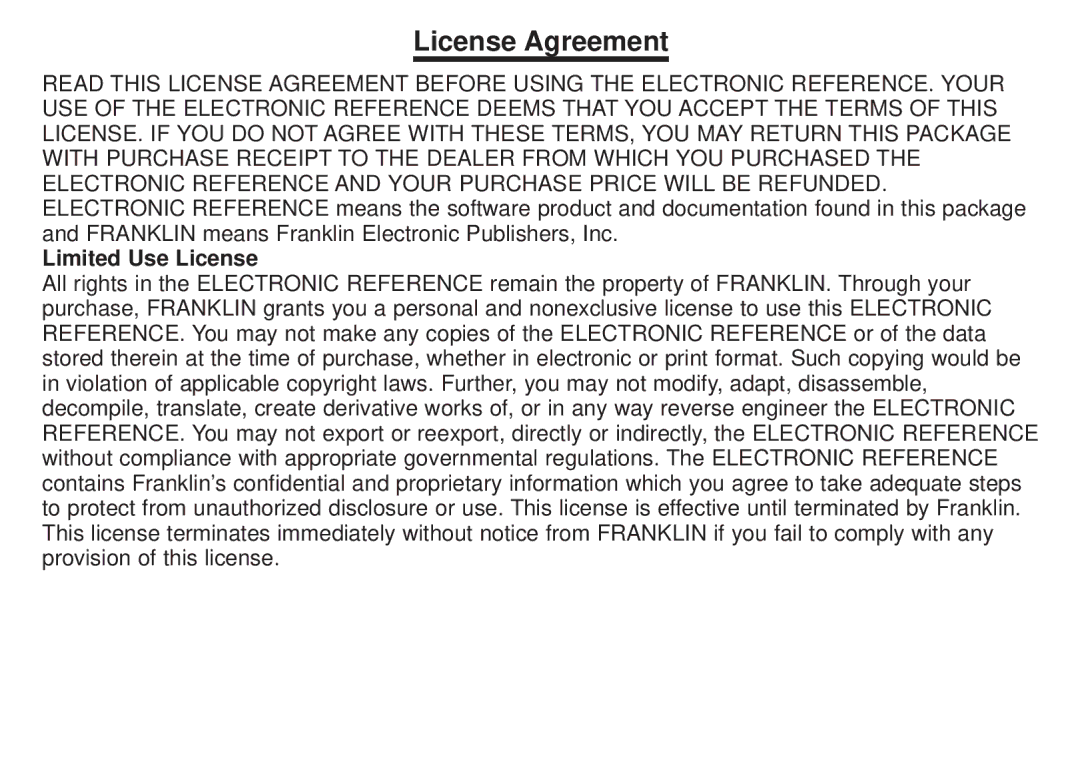 Franklin BFQ-470 manual License Agreement, Limited Use License 