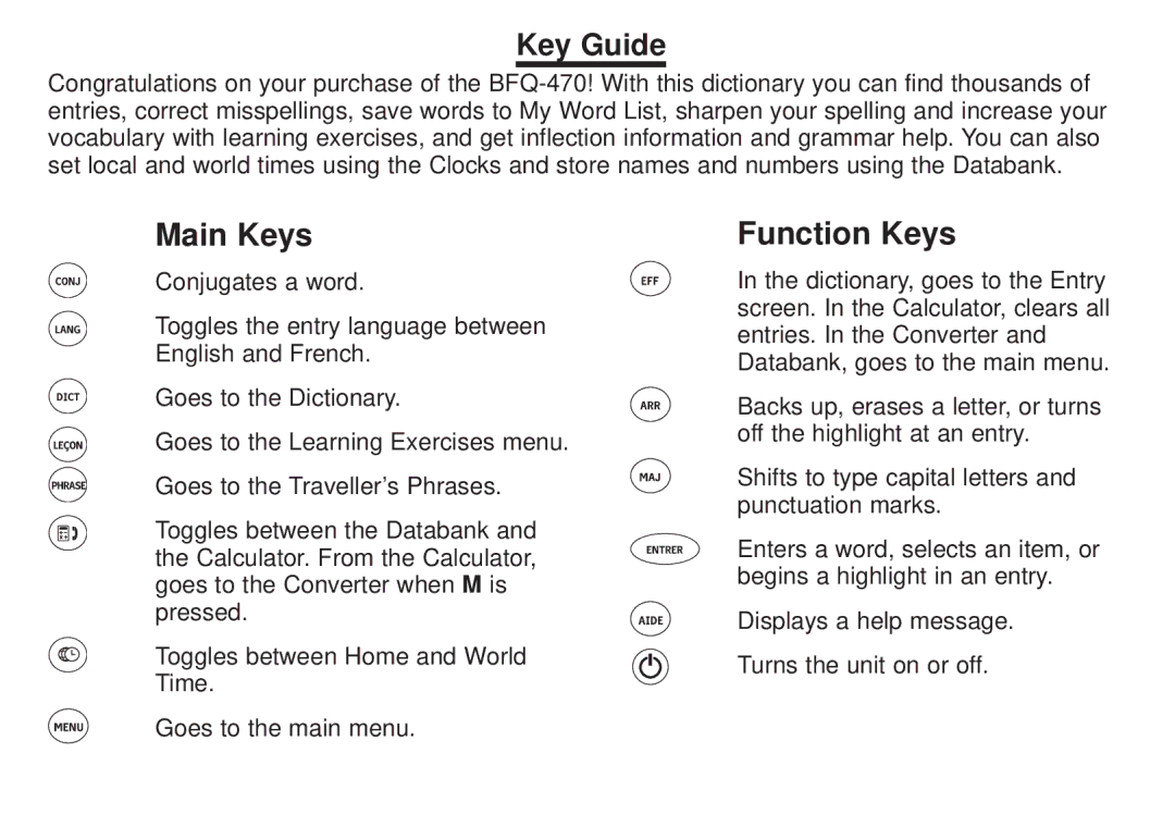 Franklin BFQ-470 manual Main Keys, Key Guide 