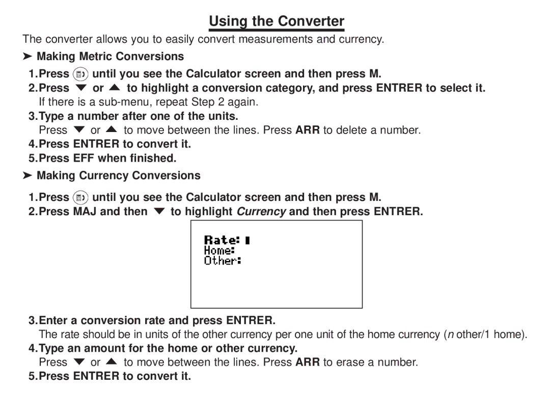 Franklin BFQ-470 Using the Converter, Type a number after one of the units, Type an amount for the home or other currency 