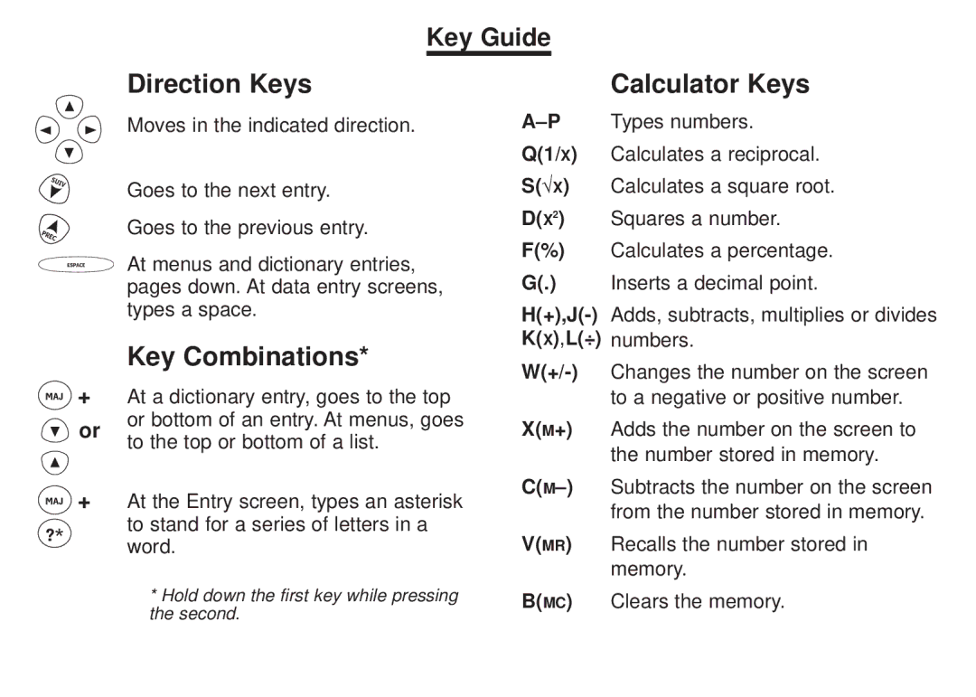 Franklin BFQ-470 manual Direction Keys 