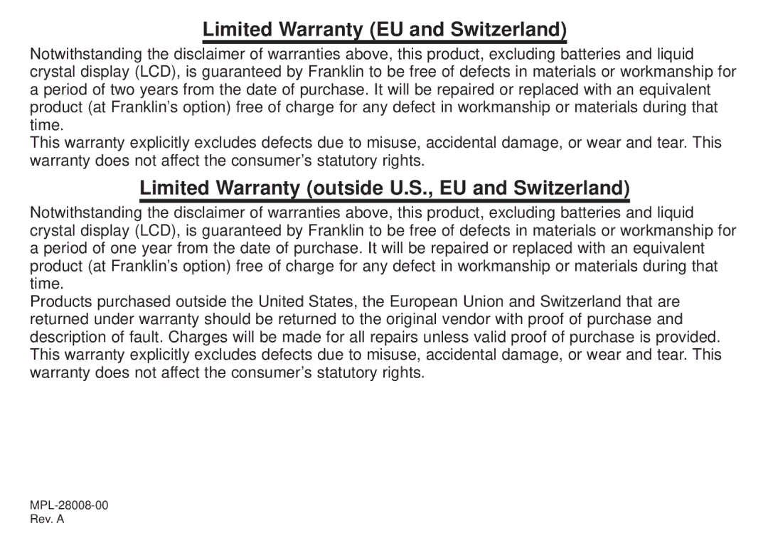 Franklin BFQ-470 manual Limited Warranty EU and Switzerland, Limited Warranty outside U.S., EU and Switzerland 