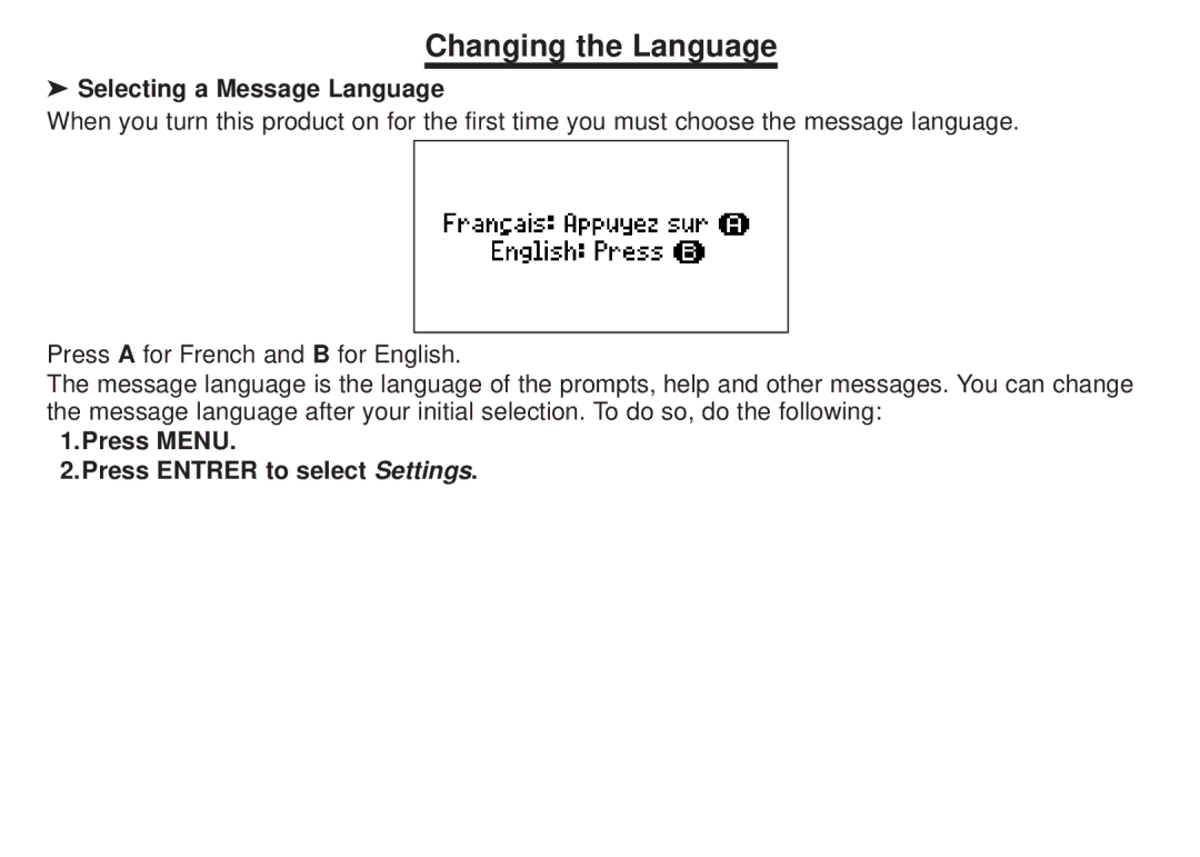 Franklin BFQ-470 manual Changing the Language, Selecting a Message Language, Press Menu Press Entrer to select Settings 