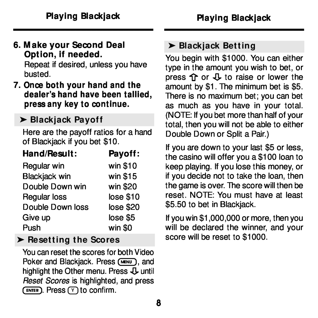 Franklin BJP-2034 manual Playing Blackjack 6. Make your Second Deal Option, if needed, Blackjack Payoff, Hand/Result 