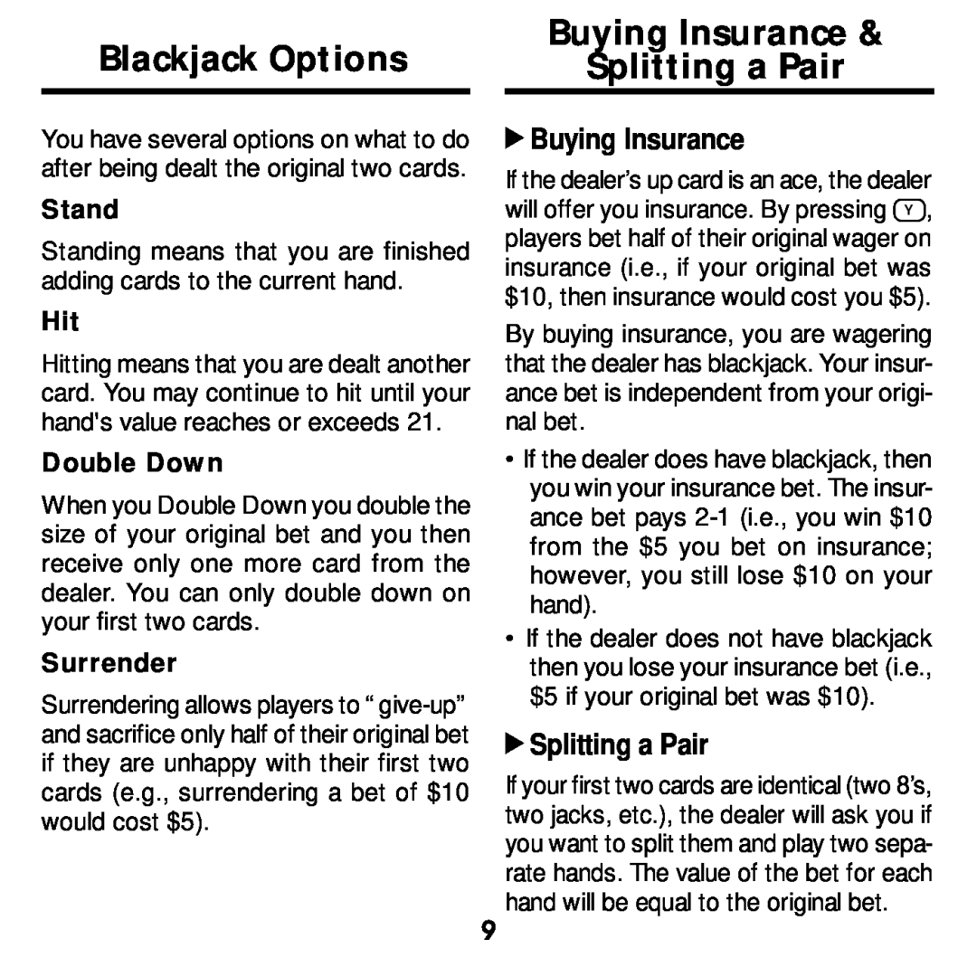 Franklin BJP-2034 manual Blackjack Options, Buying Insurance Splitting a Pair 