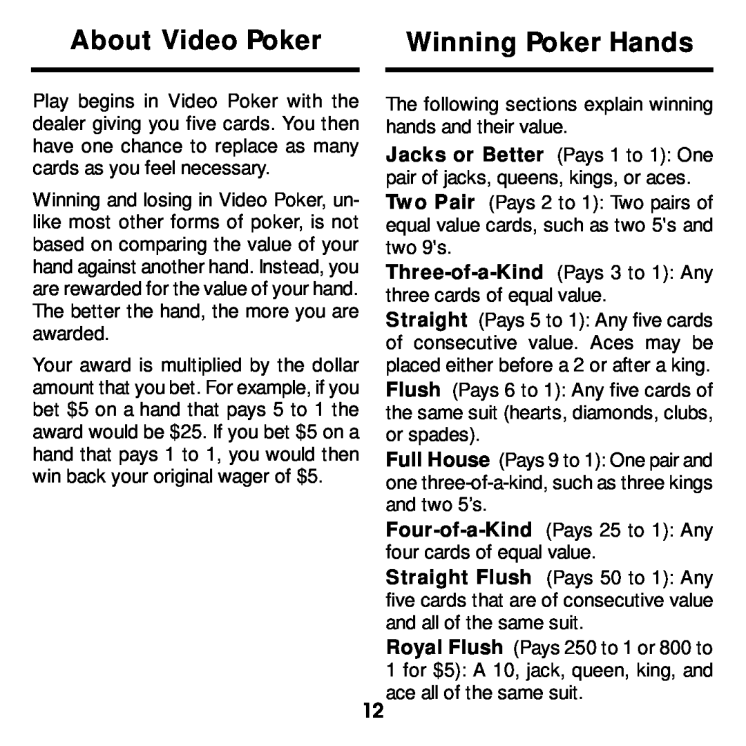 Franklin BJP-2034 manual About Video Poker, Winning Poker Hands 