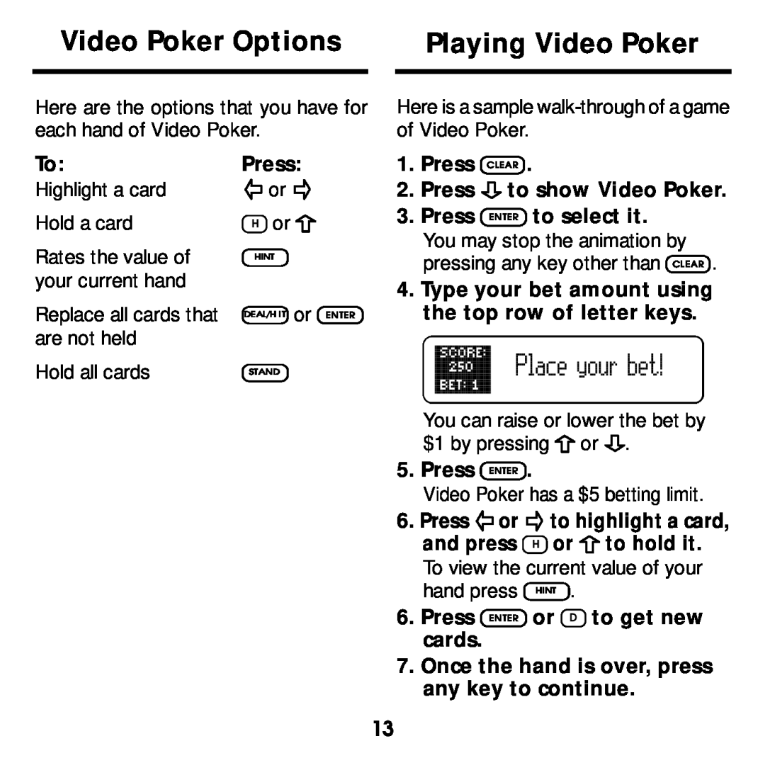Franklin BJP-2034 manual Video Poker Options, Playing Video Poker 