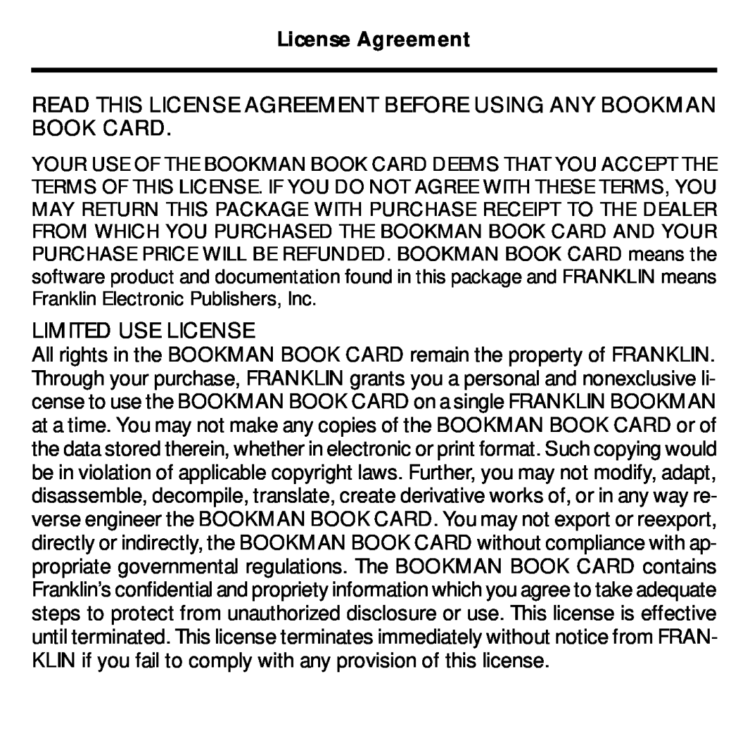 Franklin BJP-2034 manual Read This License Agreement Before Using Any Bookman Book Card, Limited Use License 