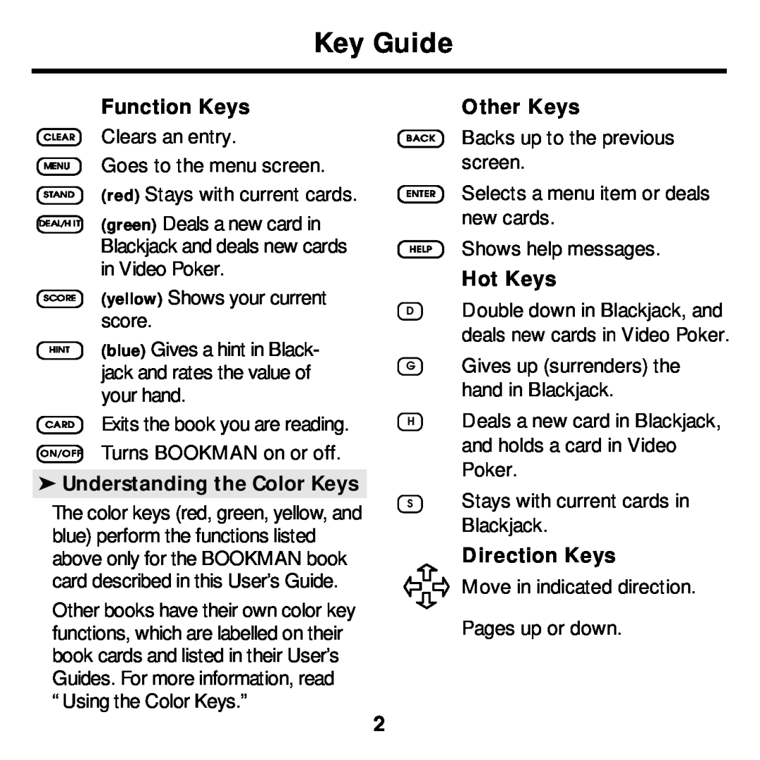 Franklin BJP-2034 manual Key Guide, Function Keys, Other Keys, Hot Keys, Understanding the Color Keys, Direction Keys 