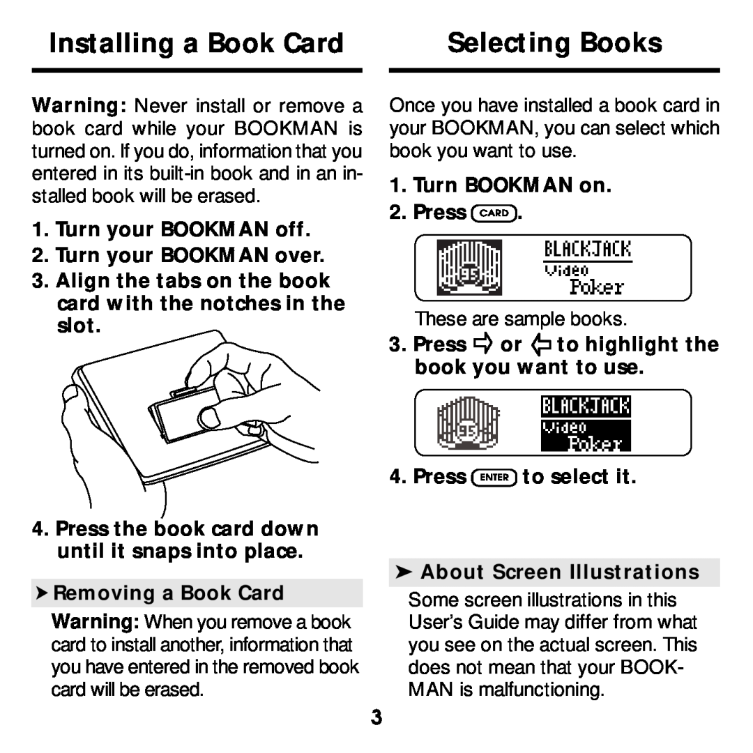 Franklin BJP-2034 manual Installing a Book Card, Selecting Books 