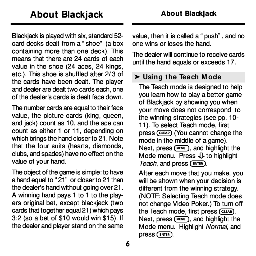 Franklin BJP-2034 manual About Blackjack, Using the Teach Mode 