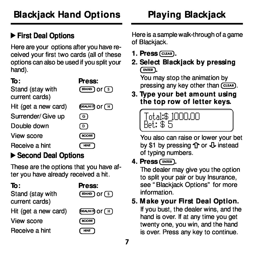 Franklin BJP-2034 manual Blackjack Hand Options, Playing Blackjack, First Deal Options, Second Deal Options 