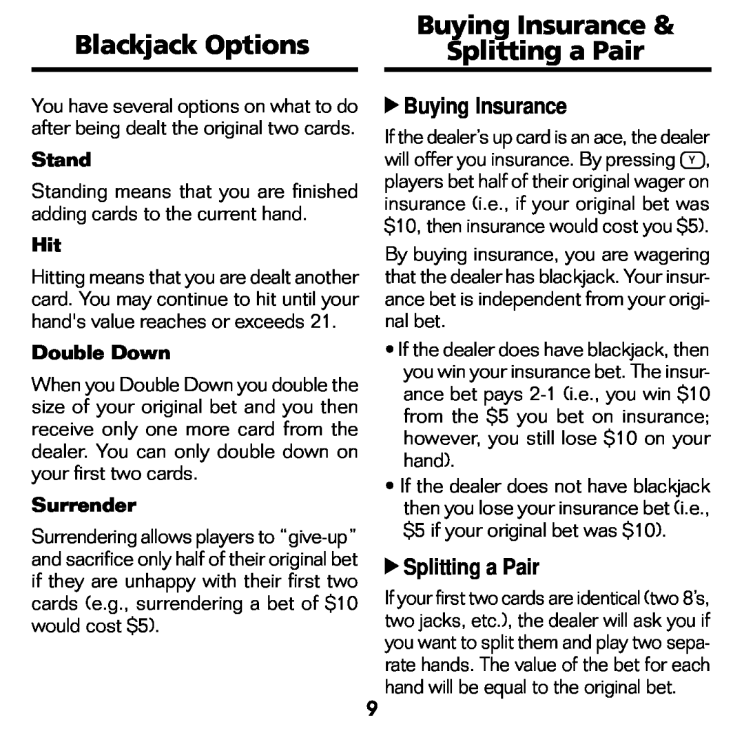 Franklin BJP-2034 manual Blackjack Options, Buying Insurance & Splitting a Pair 