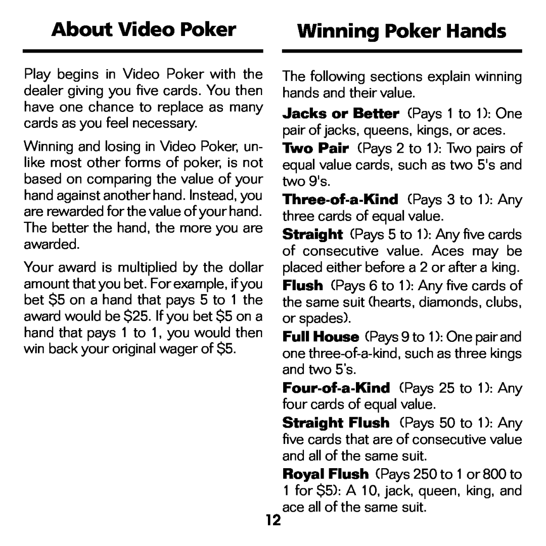 Franklin BJP-2034 manual About Video Poker, Winning Poker Hands 