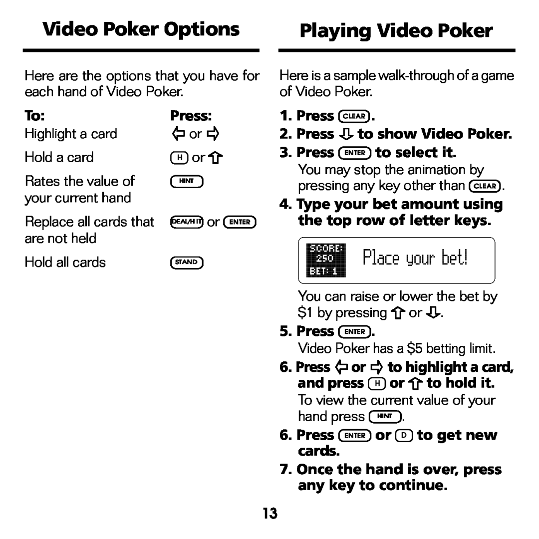 Franklin BJP-2034 manual Video Poker Options, Playing Video Poker 