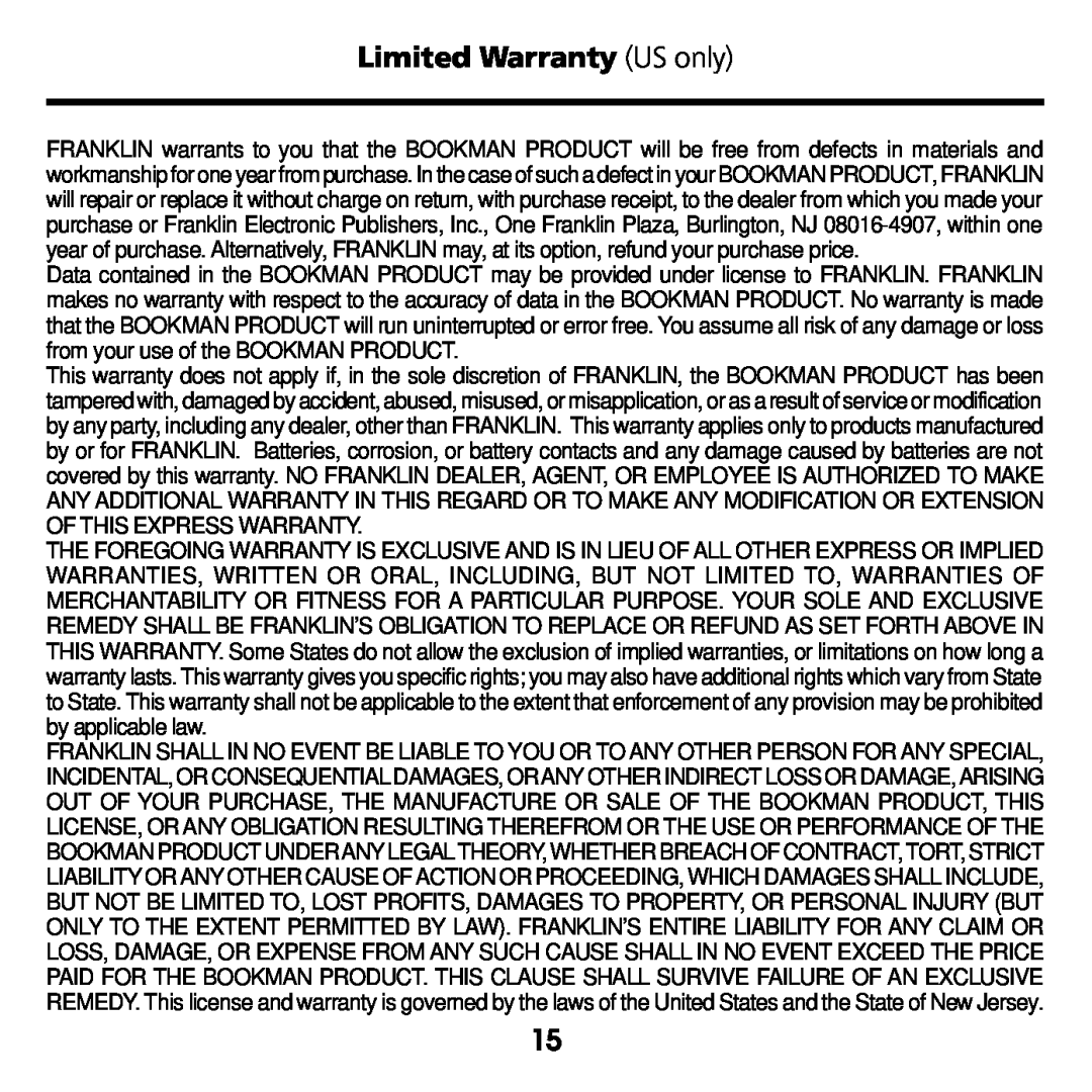 Franklin BJP-2034 manual Limited Warranty US only 