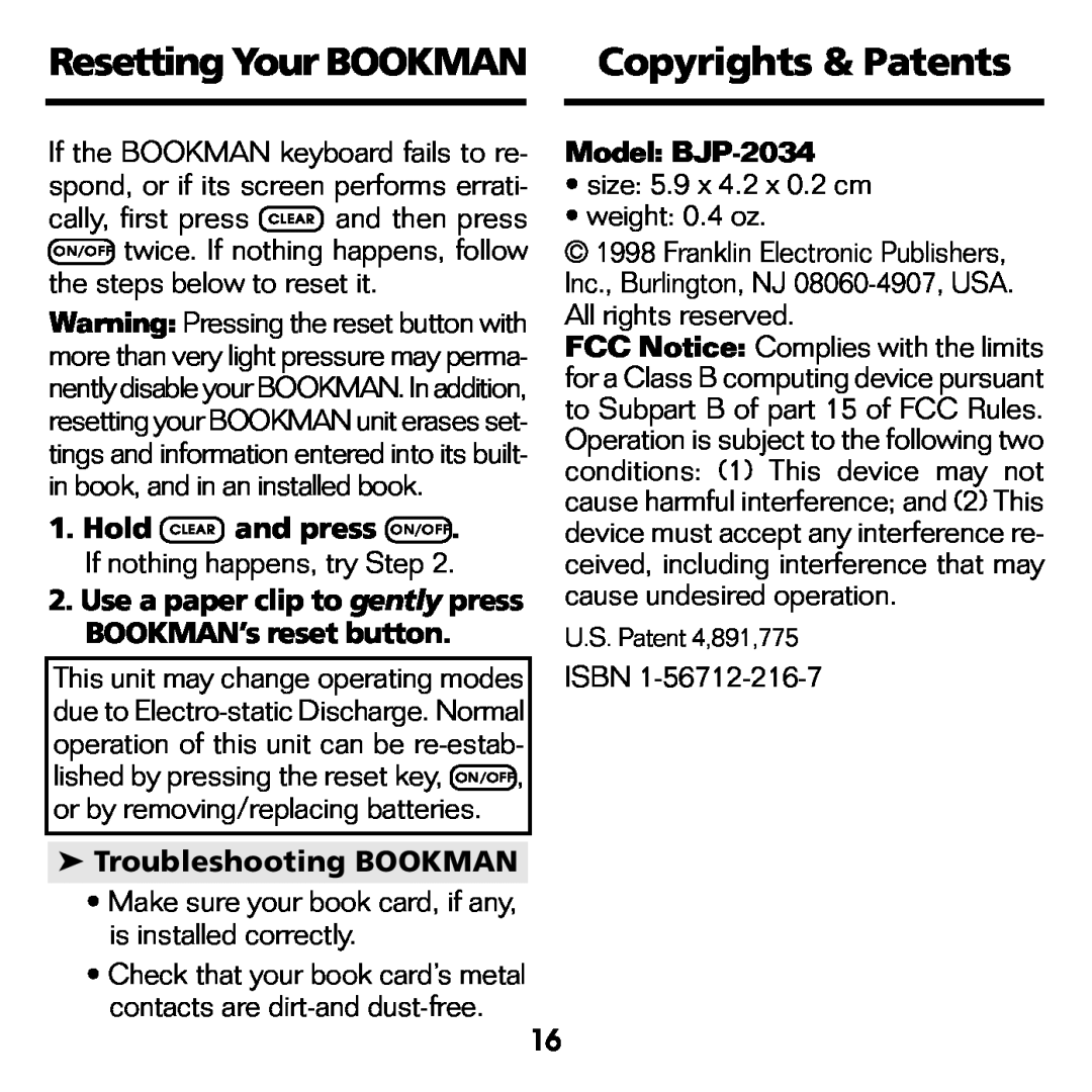 Franklin manual Resetting Your BOOKMAN Copyrights & Patents, Troubleshooting BOOKMAN, Model: BJP-2034 