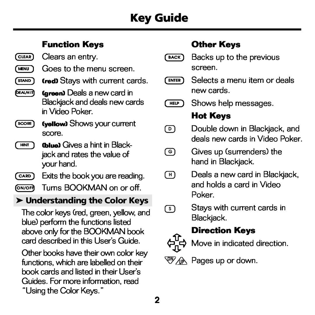 Franklin BJP-2034 manual Key Guide, Function Keys, Other Keys, Hot Keys, Understanding the Color Keys, Direction Keys 