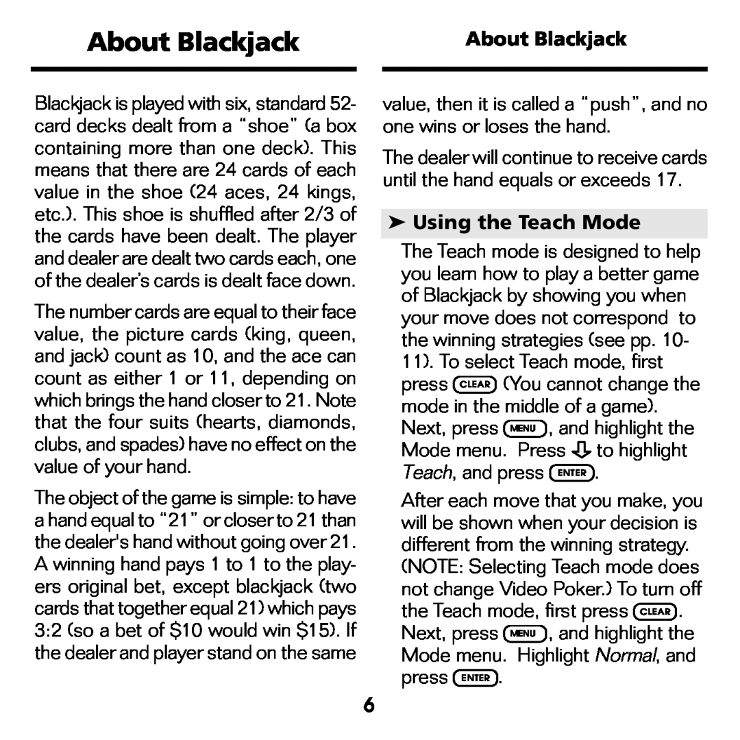 Franklin BJP-2034 manual About Blackjack, Using the Teach Mode 